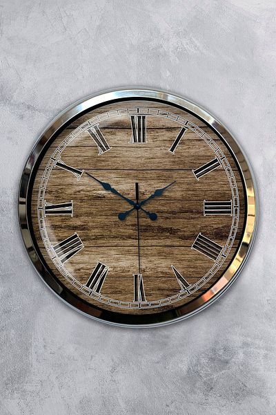 Kasva Concept Gift 40 cm Chrome Metal Wooden Look Wall Clock Gift