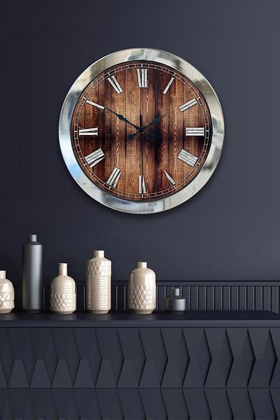 Kasva Concept Gift 36 cm Chrome Metal Wood Wall Clock