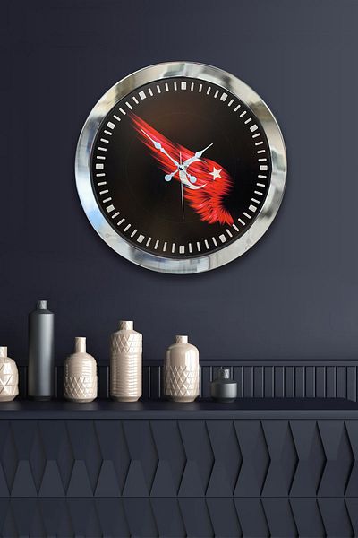 Kasva Concept 36 cm Chrome Metal Turkish Flag Wall Clock