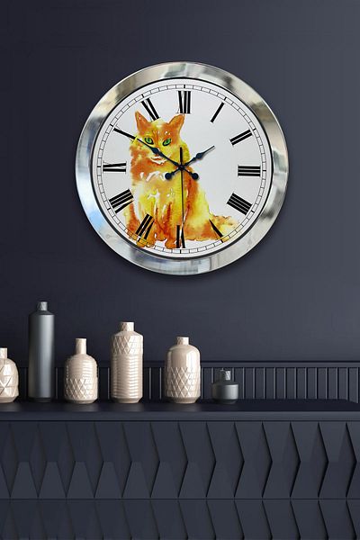 Kasva Concept Gift 36 cm Chrome Metal Cat Wall Clock