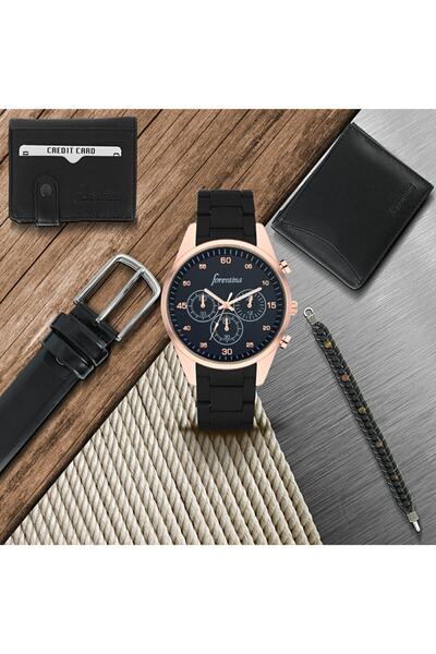 Forentina Erkek Siyah Silikon Kol Saati Kemer Cüzdan Kartvizit Bileklik Seti ...