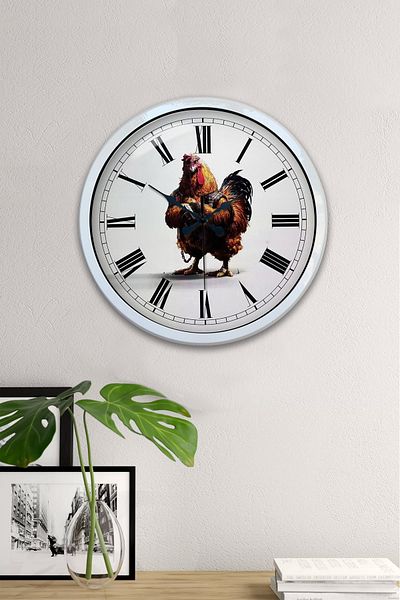 Kasva Concept Gift 40 cm White Metal Rooster Roman Numeral Wall Clock