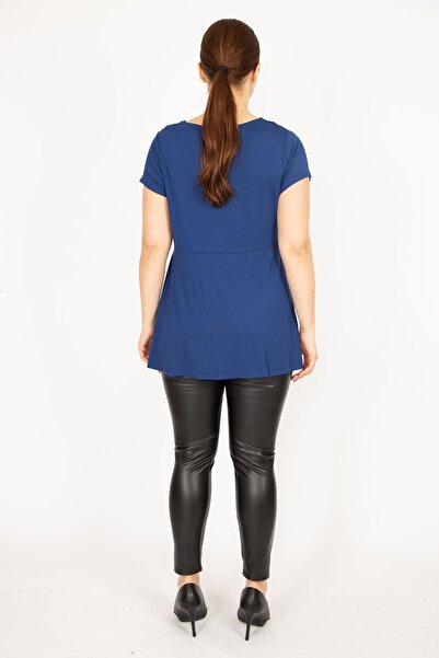 Şans Women's Navy Blue Large Size Chest Gathered Tunic 65n35936