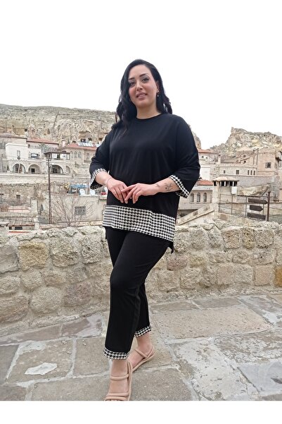 tarzımsüper Large Size 2-Piece Comfort Model Tunic with Trousers Stylish Crow's Feet Pattern Black Double Bottom-Top Set