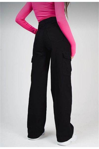BROWSER Aisha Women's Black High Waist Cargo Pocket Denim Pants Cargo Pocket Palazzo Jeans