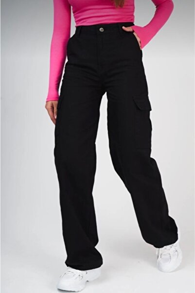 BROWSER Aisha Women's Black High Waist Cargo Pocket Denim Pants Cargo Pocket Palazzo Jeans