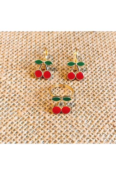 HARMONİ Kirazlı Çocuk Küpe Ve Yüzük Set, Çocuk Yüzük Ve Küpe Set