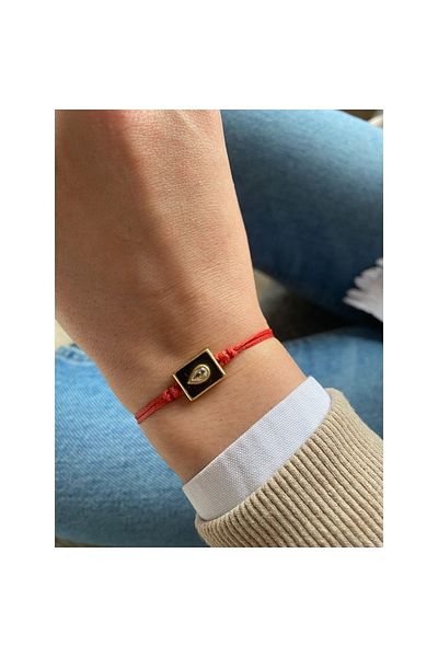 Juju Black Enamel Red String Rectangular Bracelet with Drop Stones in the Middle