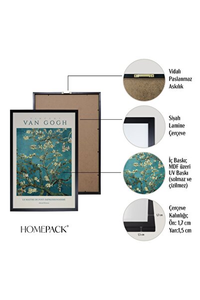 HOMEPACK 3'lü Set Doğal Ahşap Lamine Çerçeveli Klasik Eserler Soyut Vincent Van Gogh 30x40cm 40x60cm Hpn138