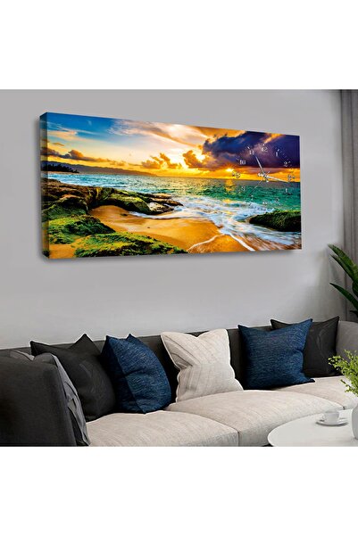 Zevahir Mobilya Dekorasyon Kanvas Gün Batımı Arka Planlı Deniz Manzaralı Saatli Tablo