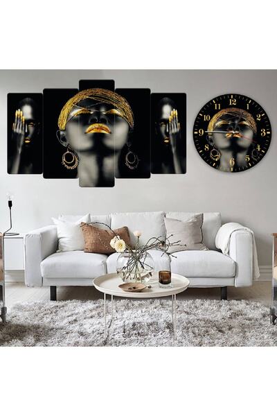 Zevahir Mobilya Dekorasyon Altılı Mdf Siyah Arka Planlı Altın Makyajlı Afrikalı Kadınlar Saatli Tablo Seti