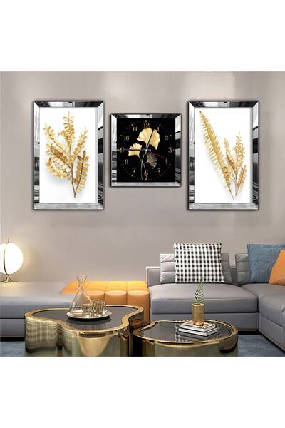 Zevahir Mobilya Dekorasyon Gümüş Aynalı Pleksi Çerçeveli Buğday Çiçeği Aynalı Üçlü Mdf Tablo Seti Ve Saat Seti
