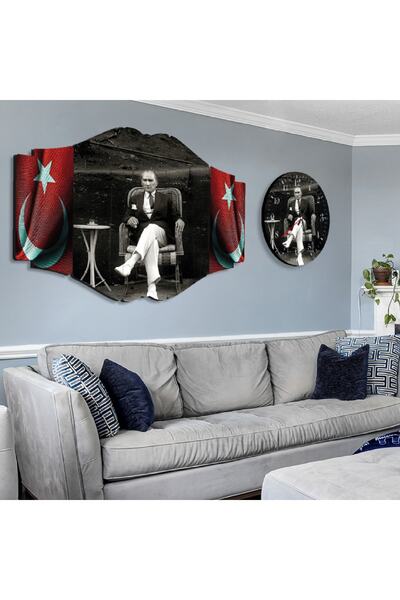 Zevahir Mobilya Dekorasyon Altılı Nirvana Mdf Oturan Siyah Beyaz Atatürk Saatli Tablo Seti
