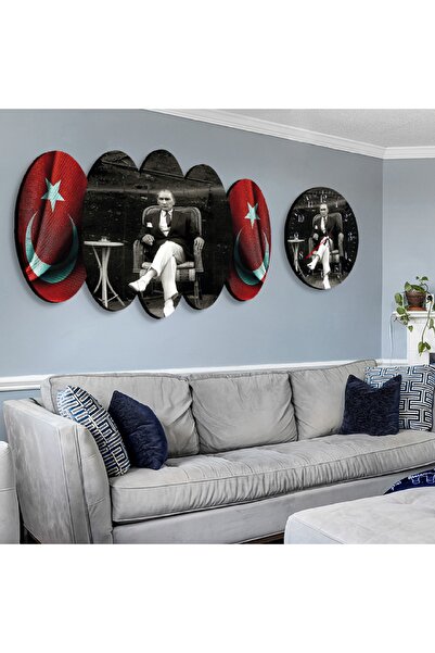 Zevahir Mobilya Dekorasyon Altılı Oval Mdf Oturan Siyah Beyaz Atatürk Saatli Tablo Seti