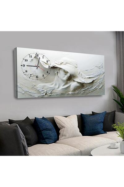Zevahir Mobilya Dekorasyon Kanvas Beyaz Arka Planlı Heykel Sanat Saatli Tablo
