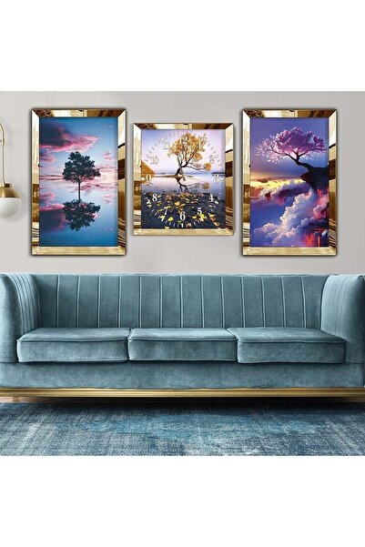 Zevahir Mobilya Dekorasyon Gold Aynalı Lı Üçlü Mdf Tablo Ve Saat Seti