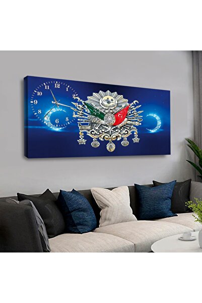 Zevahir Mobilya Dekorasyon Kanvas Mavi Arka Planlı Osmanlı Tuğrası Saatli Tablo