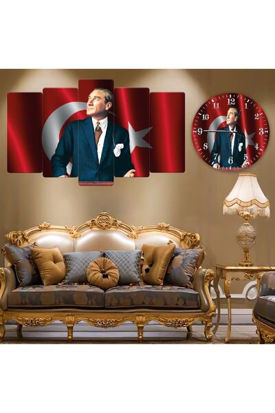 Zevahir Mobilya Dekorasyon Altılı Mdf Türk Bayrağı Arka Planlı Atatürk Saatli Tablo Seti