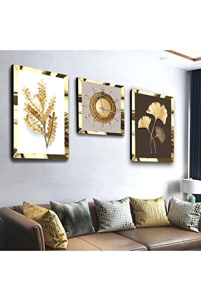 Zevahir Mobilya Dekorasyon Gold Aynalı Pleksi Çerçeveli Çiçek Üçlü Mdf Tablo Seti Ve Saat Seti