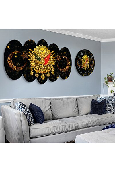 Zevahir Mobilya Dekorasyon Altılı Oval Mdf Siyah Üzeri Altın Pırıltılı Arka Planlı Osmanlı Tuğrası Saatli Tablo Seti