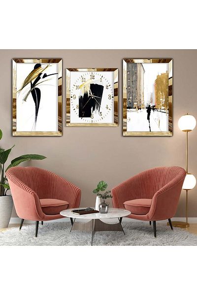 Zevahir Mobilya Dekorasyon Σετ τριπλό τραπέζι MDF Gold Plexi Edge Σετ ρολογιών