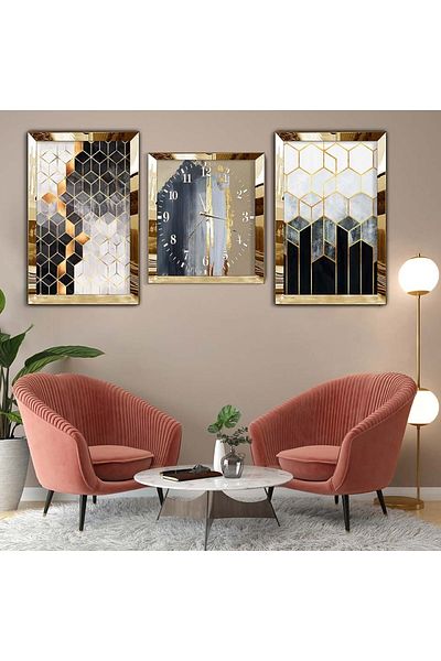 Zevahir Mobilya Dekorasyon Σετ τριπλό τραπέζι MDF Gold Plexi Edge Σετ ρολογιών