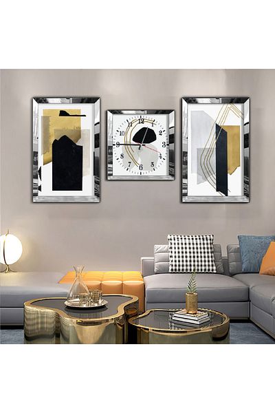 Zevahir Mobilya Dekorasyon Set de pictură din MDF triplu cu oglindă și set de ceasuri cu cadru din plexiglas cu oglindă argintie