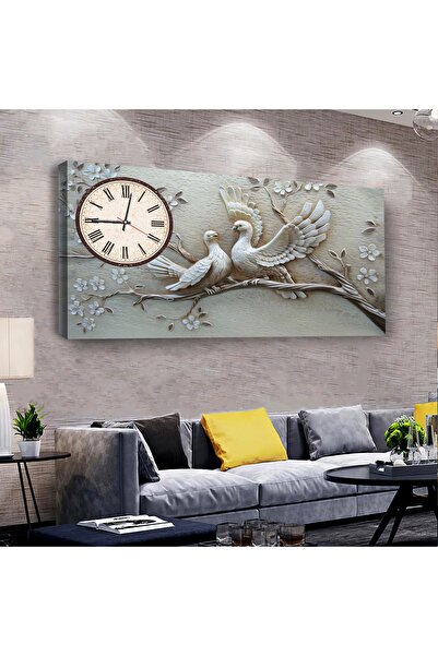 Zevahir Mobilya Dekorasyon Aşk Kuşları 100 X 50 Cm Saatli Kanvas Tablo