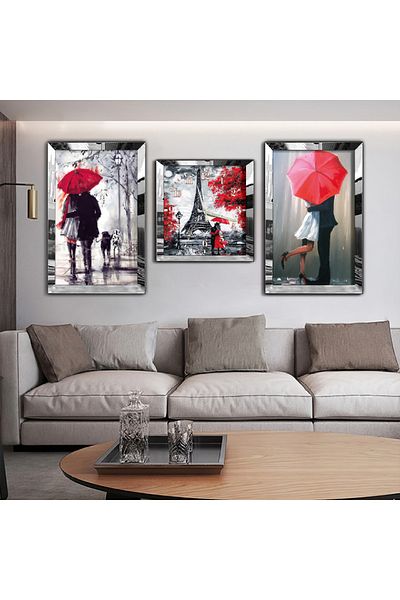 Zevahir Mobilya Dekorasyon Set de masă și ceas din MDF triplu cu oglindă Paris Lovers cu cadru din plexiglas cu oglindă argintie