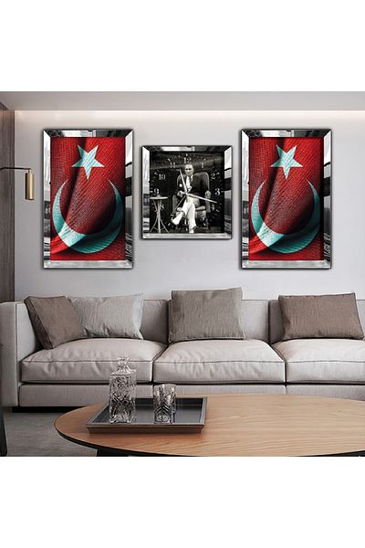 Zevahir Mobilya Dekorasyon Set de masă și ceas din MDF triplu cu oglindă Mustafa Kemal Atatürk cu cadru din plexiglas cu oglindă argintie
