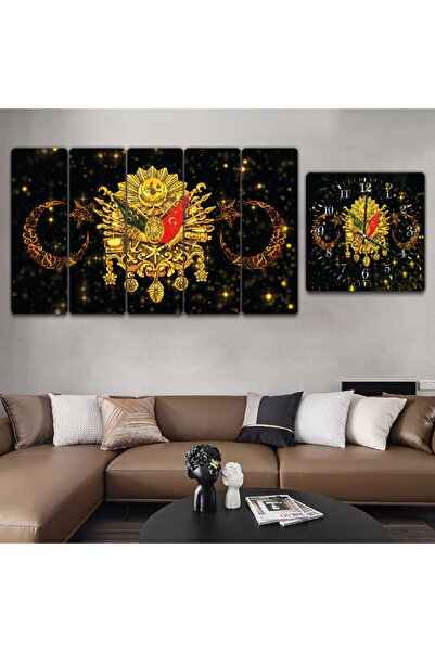 Zevahir Mobilya Dekorasyon Altılı Düz Mdf Siyah Üzeri Altın Pırıltılı Arka Planlı Osmanlı Tuğrası Saatli Tablo Seti