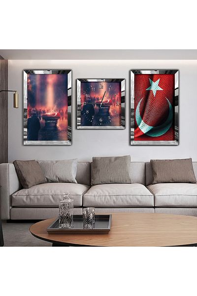 Zevahir Mobilya Dekorasyon Set de masă și ceas din MDF triplu cu oglindă de 15 iulie cu cadru din plexiglas cu oglindă argintie