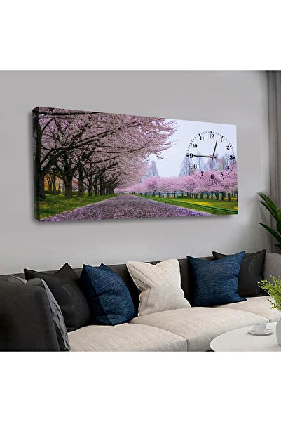 Zevahir Mobilya Dekorasyon Kanvas Pembe Çiçekli Ilkbahar Ağaçları Ve Yürüyüş Yolu Saatli Tablo