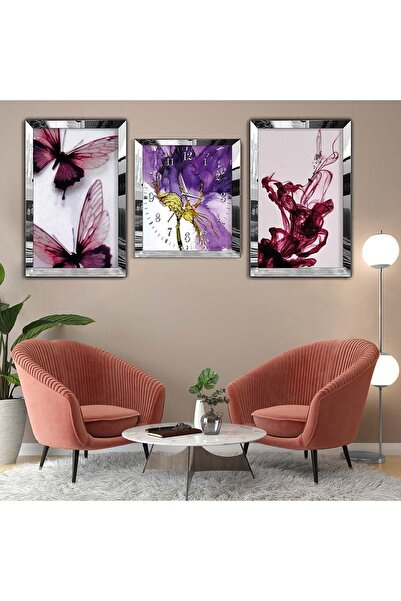 Zevahir Mobilya Dekorasyon Gümüş Pleksi Kenar Üçlü Mdf Tablo Seti Saat Seti