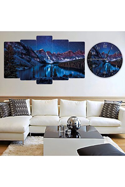 Zevahir Mobilya Dekorasyon Altılı Mdf Gece Göl Kenarı Dağ Manzaralı Saatli Tablo Seti