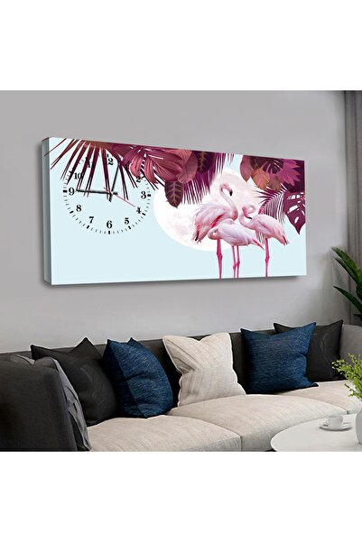 Zevahir Mobilya Dekorasyon Hayvanlar Alemi Flamingo Ailesi Saatli Kanvas Tablo