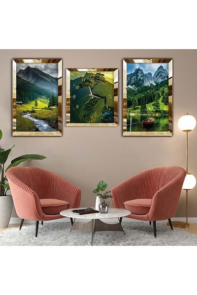 Zevahir Mobilya Dekorasyon Σετ τριπλό τραπέζι MDF Gold Plexi Edge Σετ ρολογιών