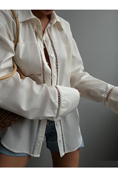 vuvutasarım Cămașă midi albă decupată cu laser pentru femei 23s18013