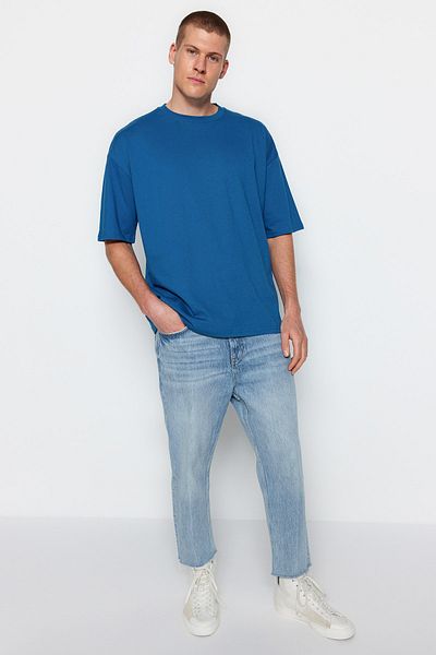 Trendyol Collection Oversize bavlněné tričko Indigo Mystic s potiskem - TMNSS23TS00236