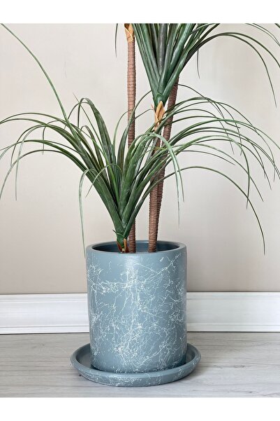 odka 20litre Silindir Saksı Tabaklı Yükseklik:30cm Çap:25cm Mia Füme Mermer D...