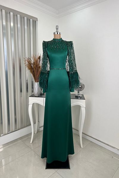 Rana Zenn Emerald Knobs Feathered Sequins Detail Satin Matmazel Evening Dress
