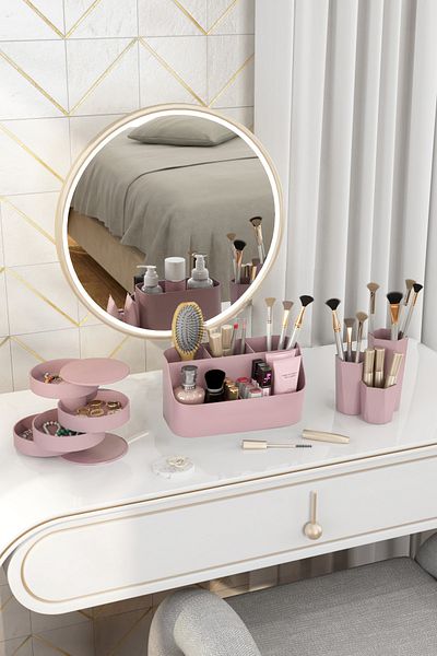 DOVİHOME Gulia Makeup Organizer and Cosmetics Storage Box Organizer Set of 3 Dusty Rose