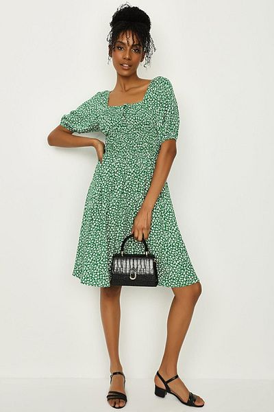 Select Moda Γυναικείο Πράσινο Floral Φόρεμα με τετράγωνο γιακά Gipeli