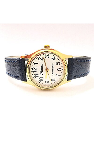 Marlas Vintage Women's Wristwatch, Retro Design, Round, Leather Cord, Blue Cord, Easy Use