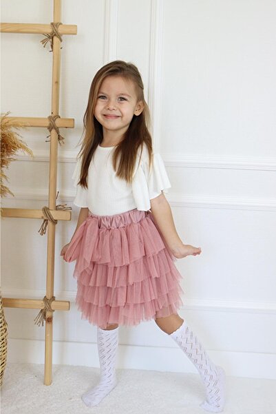 Calisa Girl's Salmon Pink Frilly Skirt and Sleeve Detailed White Blouse April 23 Show Combination Set Kokoş