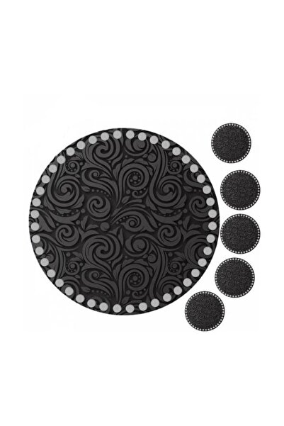 GRAFİLLİ DESİGN 30 Cm Yuvarlak Siyah Motif Baskılı Örgü Ahşap Tepsi Tabanı Pl...