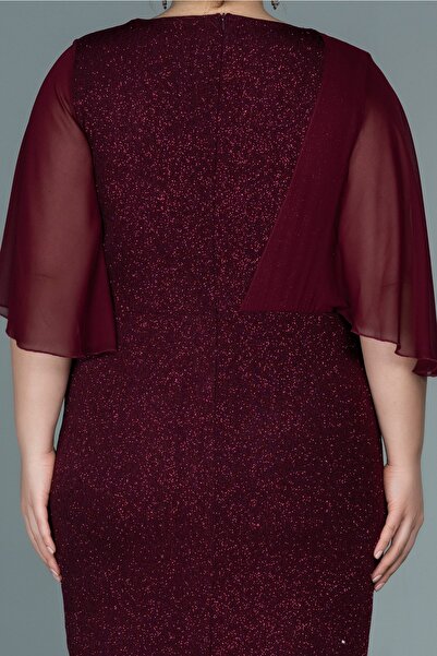 Abiyefon Burgundy Short Sleeve Glitter Midi Plus Size Evening Dress Abk1610