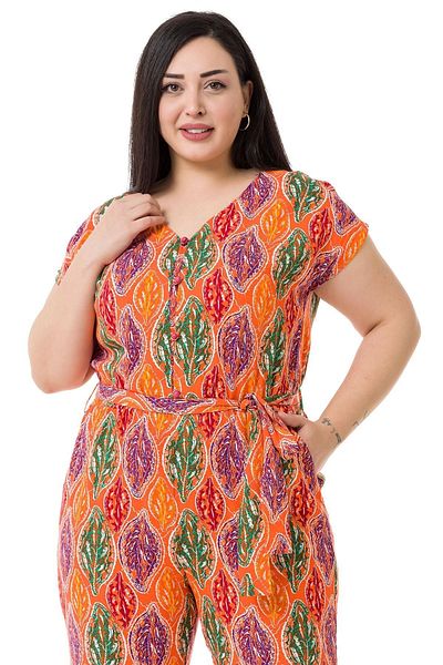 DISENTIS MODEST Plus Size V-Neck Buttoned Front Low Sleeve Elastic Waist Belted Pocket Orange Women's Jumpsuit