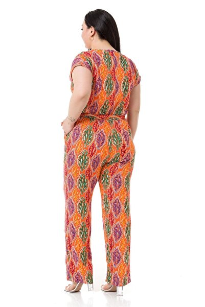 DISENTIS MODEST Plus Size V-Neck Buttoned Front Low Sleeve Elastic Waist Belted Pocket Orange Women's Jumpsuit