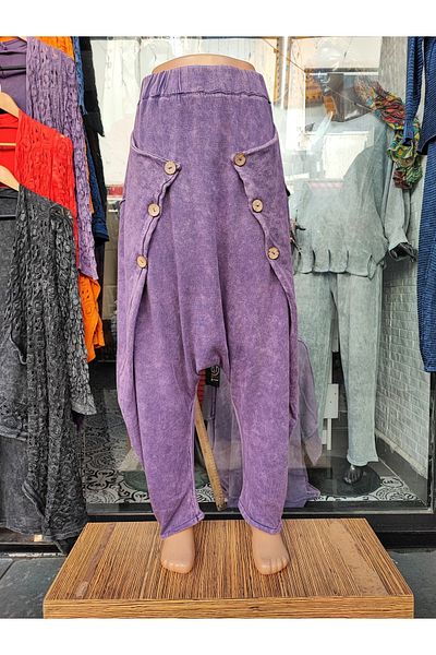 Sosyete Kaplumbağa Authentic Bohemian Knitwear Wooden Button Detailed Washed 100% Cotton Pocket Shalwar Trousers